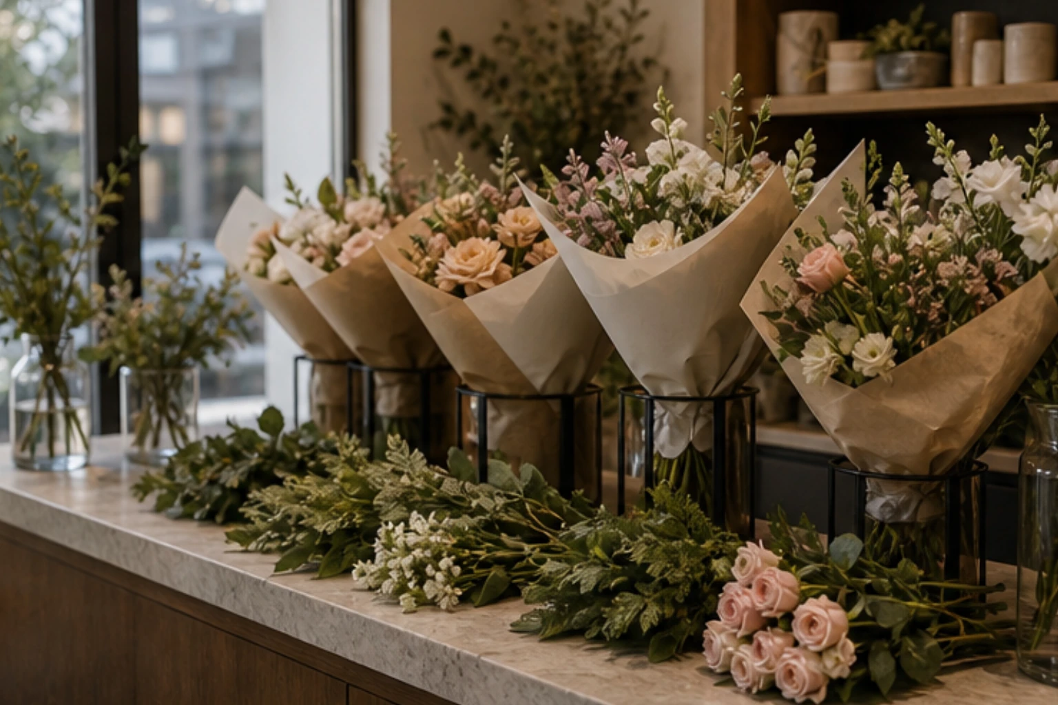 flower boutique bouquet bar with fresh wraps seasonal stems and premium retail styling