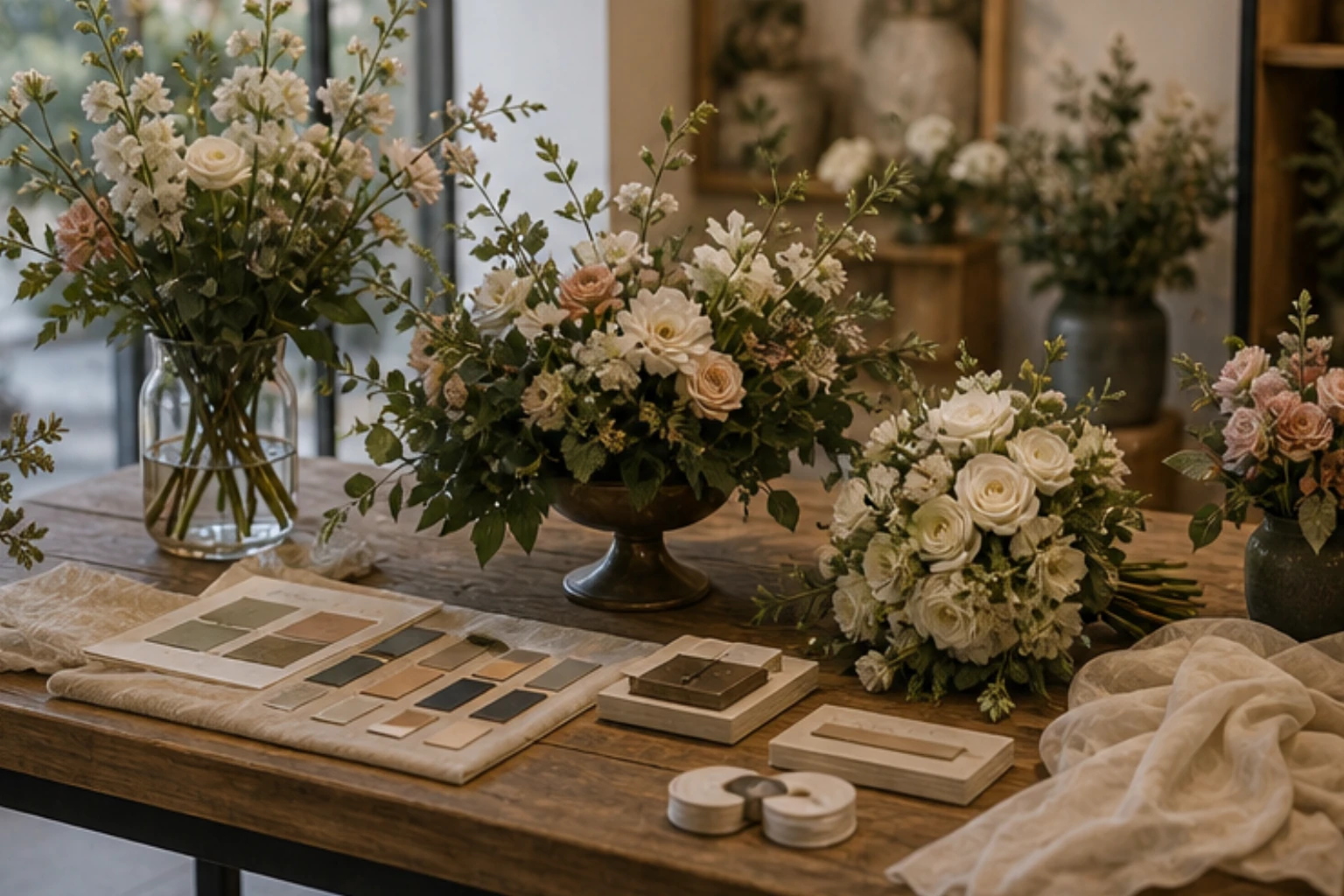 event floral sample table with centerpiece swatches ribbons and bridal bouquet cues