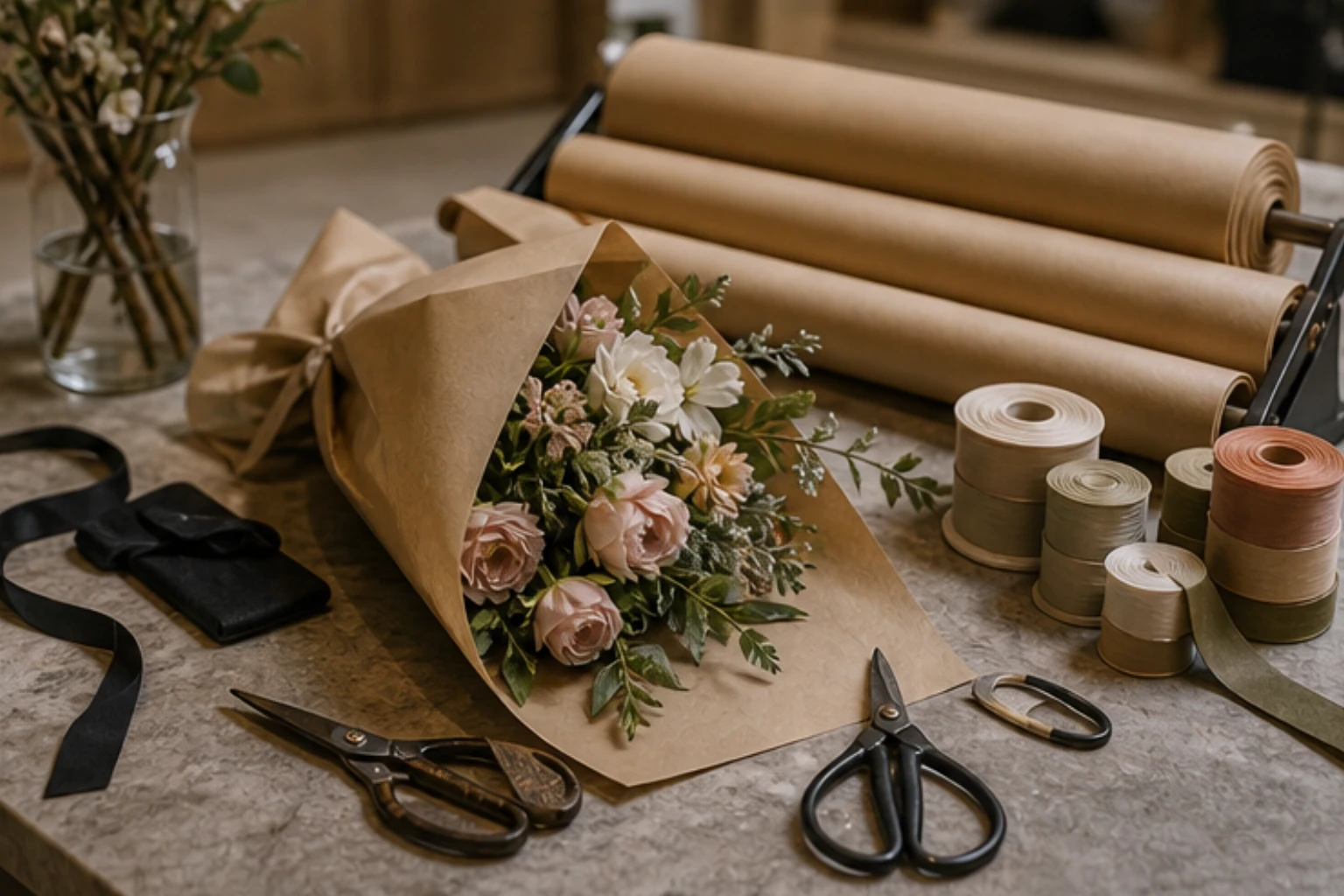 flower wrapping desk with kraft paper ribbon scissors and florist tools