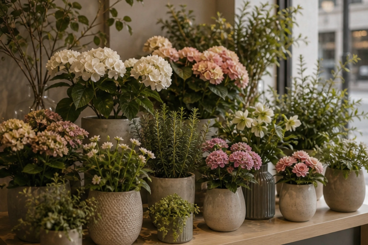 potted bloom display with flowering plants ceramic pots and soft boutique light