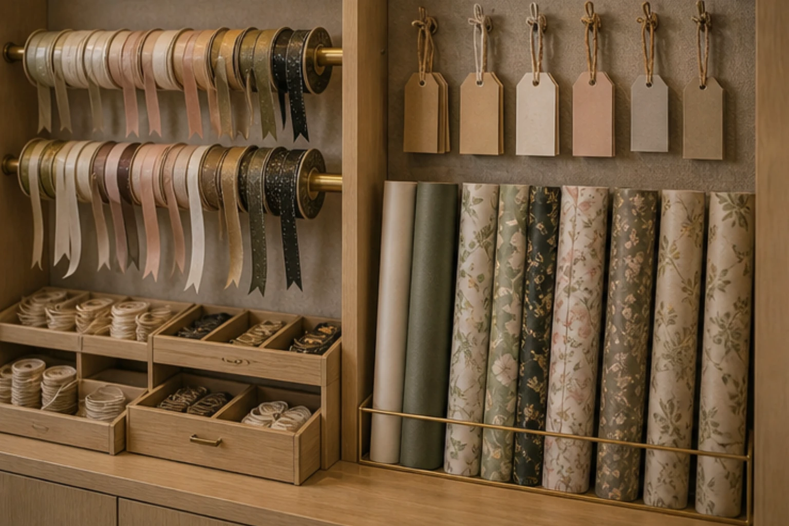 ribbon wall with gift tags floral paper and fine accessory storage