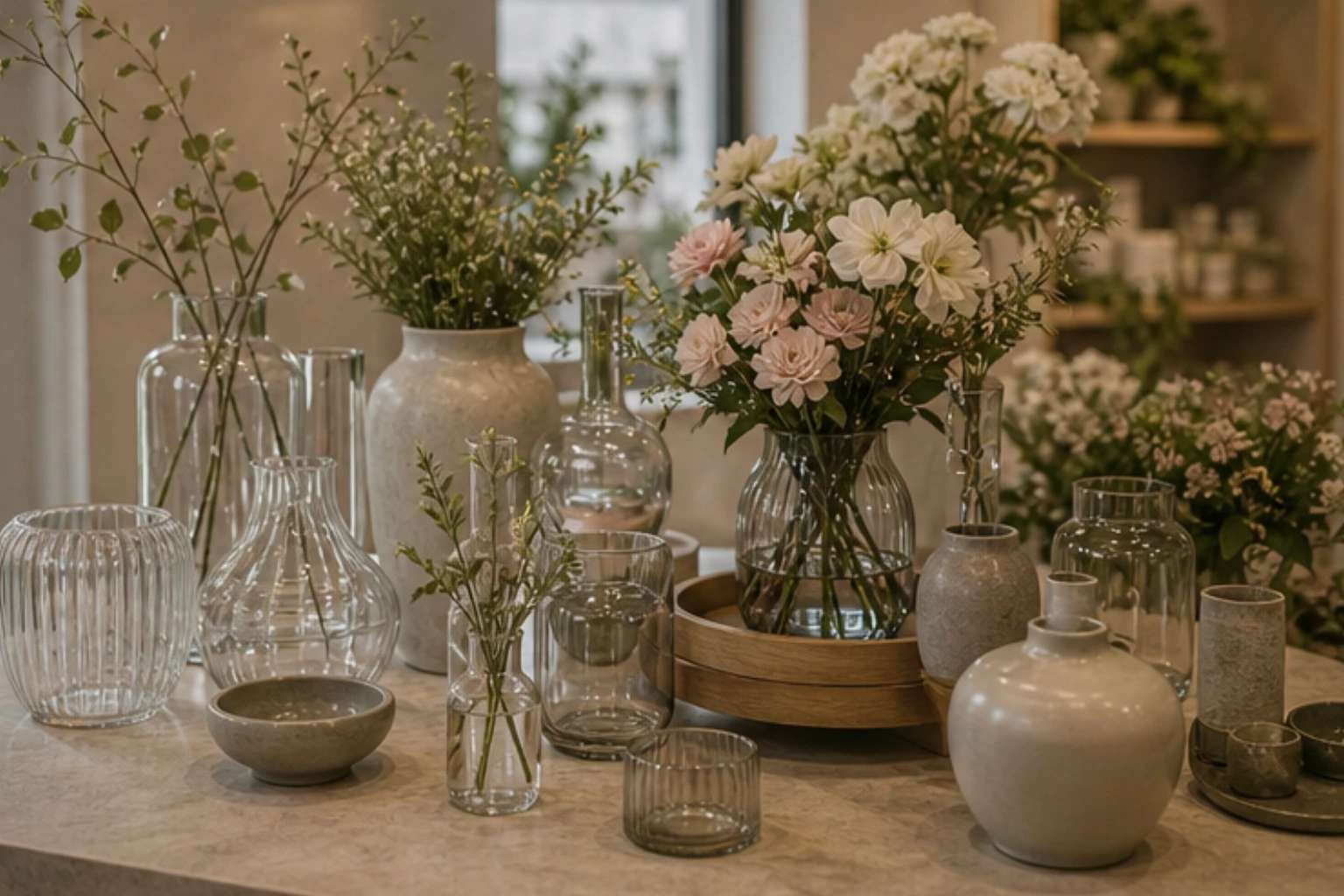 vase table with glass ceramic vessels and home-styling flower arrangements