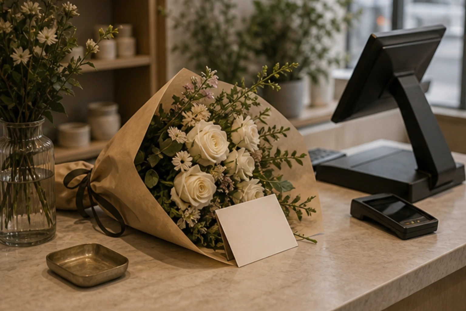 checkout flower arrangement with wrapped bouquet card and tidy handoff counter