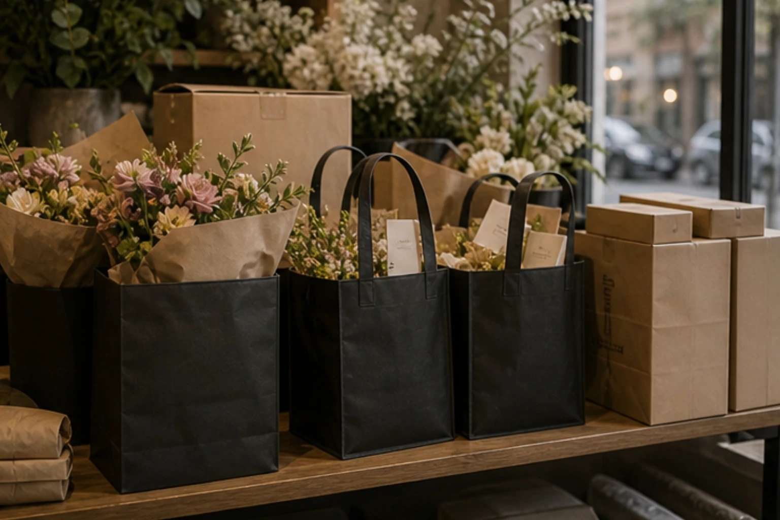 floral delivery bundles packed in bags and boxes ready for city handoff