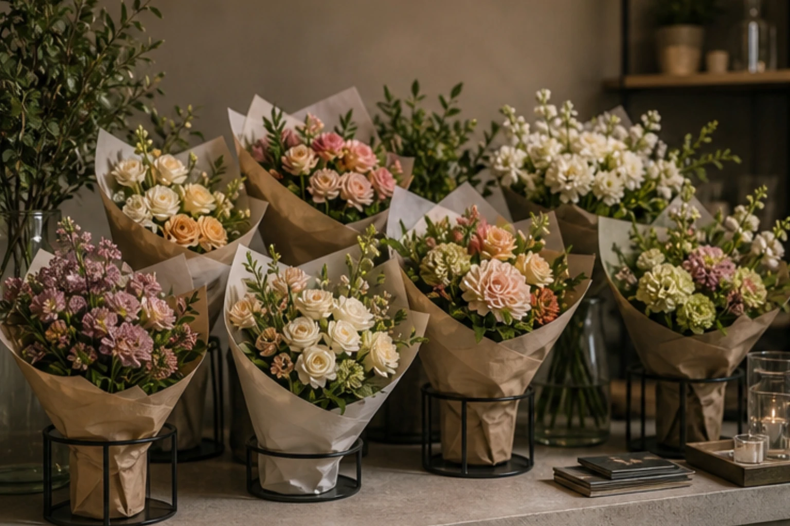 daily bouquet edit with mixed flowers paper wraps and modern florist styling