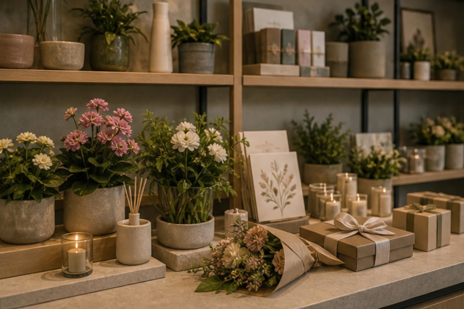 plant and gift collection with potted blooms candles cards and premium wrapping