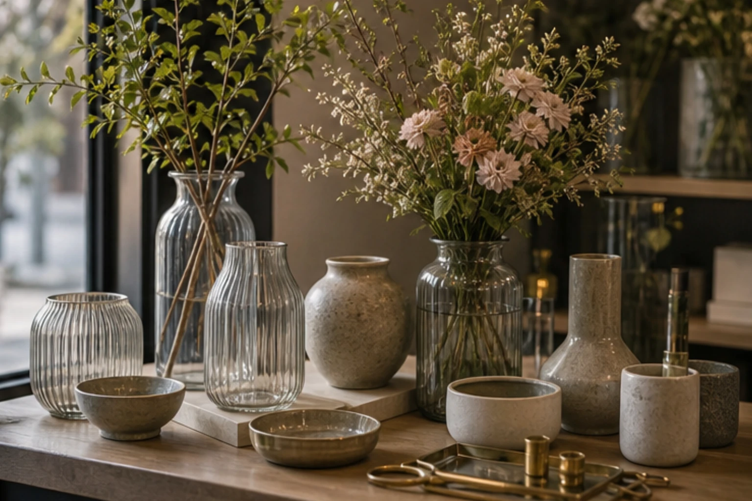 vase and home accessory edit with ceramics glass forms and floral styling pieces