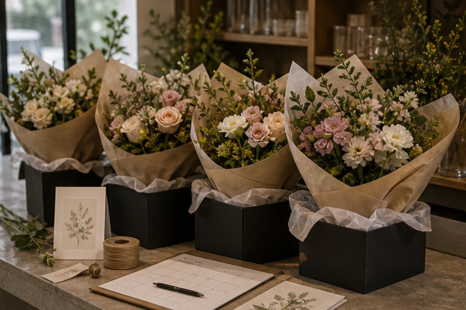 subscription flower concept with recurring bouquet sets calendars cards and wrap details